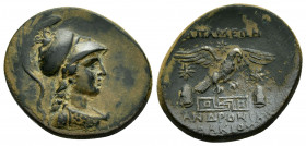 PHRYGIA. Apameia.(Circa 88-40 BC). Ae.

Obv : Helmeted bust of Athena right, wearing aegis.

Rev : AΠAMEΩN ANΔPONIKOY AΛKIOY.
Eagle landing right on m...