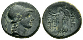 PHRYGIA.Eumeneia.(Circa 133-0 BC).Ae.

Obv : Helmeted head of Athena right.

Rev : ΕΥΜΕ / ΝΕΩΝ ΔΙΟCK.
Nike advancing left, holding wreath and palm bra...