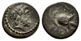 PHRYGIA.Apameia.(133-48 BC).Ae.

Obv: Laureate head of Zeus right.
Rev: ΑΠΑ BA...........
Crested helmet right; maeander pattern below.
BMC 95. 

Cond...