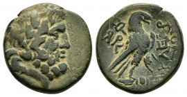 PHRYGIA.Amorion.(2nd-1st centuries BC).Ae.

Obv : Laureate head of Zeus right. 

Rev : AΓ-AY / ΠOΛE / KΛEAP / AMOPIANΩN.
Eagle standing right on thund...