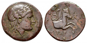 MYSIA.Atarnios.(Circa 350-300 BC).Ae.

Obv : Laureate head of Apollo to right.

Rev : ATAP.
Forepart of a horse to right; ΦΛ before, serpent above. 
S...