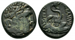 MYSIA.Pergamum.(200-20 BC).Ae.

Obv : Laureate head of Asklepios right.

Rev : AΣΚΛΗΠΙΟΥ ΣΩΤΗΡΟΣ.
Serpent coiled around omphalos; monogram to left.Cou...