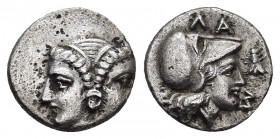 MYSIA.Lampsakos.(Circa 390-330 BC).Diobol.

Obv : Janiform female head.

Rev : ΛΑM.
Head of Athena to right, wearing Corinthian helmet; in right field...