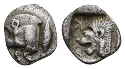 MYSIA.Kyzikos.(Circa 450-400 BC).Obol.

Obv : Forepart of boar left, tunny upward to right.

Rev : Head of roaring lion left, retrograde K to upper le...