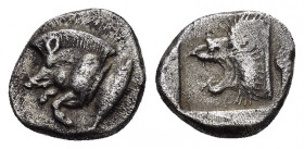MYSIA.Kyzikos.(Circa 450-400 BC).Obol.

Obv : Forepart of boar left, tunny fish behind.

Rev : Head of roaring lion left within incuse square.
SNG Fra...