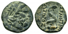MYSIA.Pergamum.(200-20 BC).Ae.

Obv : Laureate head of Asklepios right.

Rev : AΣΚΛΗΠΙΟΥ / ΣΩΤΗΡΟΣ.
Serpent coiled around omphalos; monogram to left.
...