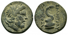 MYSIA.Pergamum.(200-20 BC).Ae.

Obv : Laureate head of Asklepios right.

Rev : AΣΚΛΗΠΙΟΥ / ΣΩΤΗΡΟΣ.
Serpent coiled around omphalos; monogram to left.
...
