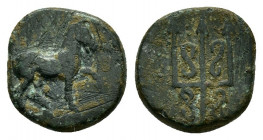 CARIA.Mylasa.(210-30 BC).Ae.

Obv : Horse walking to right.

Rev : M-Y.
Trident decorated with spirals.
SNG Aulock 2619; SNG Keckman I 227; SNG Ashmol...