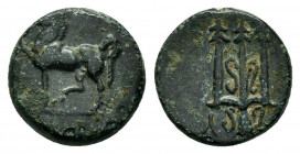 CARIA.Mylasa.(210-30 BC).Ae. 

Obv : Horse walking to left.

Rev : M-Y.
Trident decorated with spirals.
SNG Aulock 2618; SNG Copenhagen 421; .

Condit...