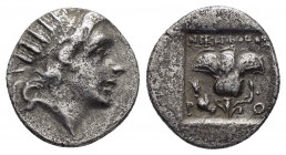 CARIA.Rhodes.(Circa 88-84 BC).Drachm.

Obv : Radiate head of Helios right.

Rev : NIKHΦOPOΣ / P - O.
Rose with bud to left. Control: Hand holding grai...