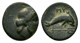 CARIA.Myndos.(386-300 BC).Ae.

Obv : Laureate head of Poseidon to right.

Rev : MY.
Dolphin swimming to right, trident below.
 SNG Keckman I 235; SNG ...