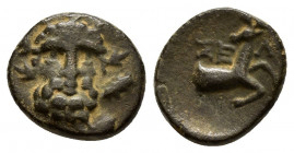 PISIDIA. Selge.(2nd-1st Century BC). Ae. 

Obv : Bearded facing head of Herakles, wearing wreath of cypress branches. 

Rev : ΣE-Λ.
Forepart of a stag...