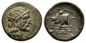 PISIDIA.Termessos.(1st century BC).Ae.

Obv : Laureate head of Zeus right.

Rev : TEPMHΩΝ.
Bull butting left.

Condition : Very fine.

Weight : 3.6 gr...
