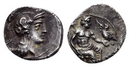 CILICIA.Uncertain.(4th Century BC).Obol.

Obv : Helmeted head of Athena to right.

Rev : Baaltars seated to right, holding eagle and scepter.
SNG Leva...