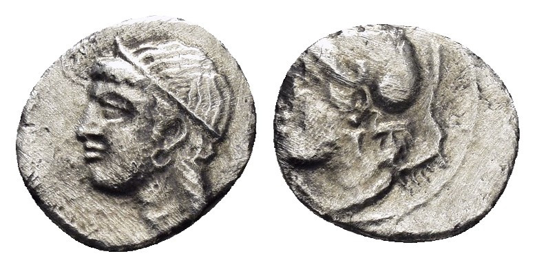 CILICIA.Uncertain(4th century BC).Obol.

Obv : Youthful male head left, wearing ...