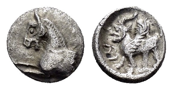CILICIA. Uncertain.(Circa 350 BC).Obol. 

Obv : Forepart of horse to left.

Rev ...