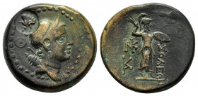 CILICIA.Soloi-Pompeiopolis.(Circa 200-0 BC).Ae.

Obv : Θ.
Bust of Artemis to right, wearing stephane, quiver over shoulder.Countermark : Sembol within...