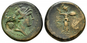 CILICIA.Soloi-Pompeiopolis.(200-100 BC).Ae.

Obv : Bust of Artemis to right, quiver over shoulder.Countermark : sembol within round incuse.

Rev : ΣΟΛ...