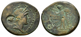 CILICIA.Soloi-Pompeiopolis.(200-100 BC).Ae.

Obv : Bust of Artemis to right, quiver over shoulder.Countermark : sembol within round incuse.

Rev : ΣΟΛ...