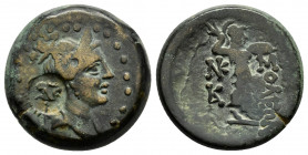 CILICIA.Soloi-Pompeiopolis.(Circa 200-0 BC).Ae.

Obv : Θ.
Bust of Artemis to right, wearing stephane, quiver over shoulder.Countermark : Sembol within...