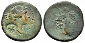 CILICIA.Soloi-Pompeiopolis.(200-100 BC).Ae.

Obv : Bust of Artemis to right, quiver over shoulder.Countermark : sembol within round incuse.

Rev : ΣΟΛ...