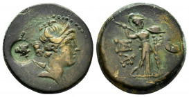 CILICIA.Soloi-Pompeiopolis.(200-100 BC).Ae.

Obv : Bust of Artemis to right, quiver over shoulder.Countermark : sembol within round incuse.

Rev : ΣΟΛ...