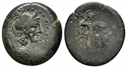 CILICIA.Soloi-Pompeiopolis.(Circa 200-0 BC).Ae.

Obv : Θ.
Bust of Artemis to right, wearing stephane, quiver over shoulder.Countermark : Sembol within...