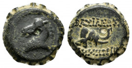 SYRIA.Seleukid Kingdom.Demetrios I.(162-150 BC).Antioch.Ae.

Obv : Horse's head left.

Rev : BAΣIΛEΩΣ ΔHMHTPIOY.
Elephant's head right.
SC 1646; HGC 9...