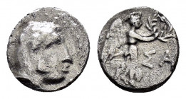 SELEUKID KINGS of SYRIA.Seleukos I.(312-281 BC).Hemiobol.

Obv : Head of Herakles to right, wearing lion skin headdress.

Rev : ΣA.
Nike advancing to ...
