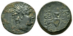 KINGS of SYRIA. Antiochos VI.(145-142 BC). Ae.

Obv : Radiate and diademed head right. 

Rev : Amphora; palm to right. 
SNG Spaer 1806.

Condition : V...