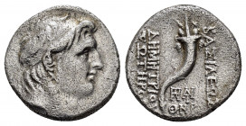 SELEUKID KINGS of SYRIA.Demetrios I.(162-150 BC).Drachm.

Obv : Diademed head of Demetrios right.

Rev : BAΣIΛEΩΣ ΔHMHTPOY ΣΩTHPOΣ.
Cornucopiae; monog...