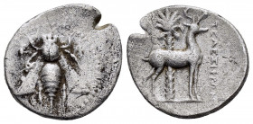 PHOENICIA. Arados.(Circa 172/1-111/0 BC).Drachm.

Obv : Bee; monogram (date) to left, monogram to right.

Rev : APAΔIΩN.
Stag standing right; palm tre...