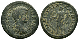 LYDIA.Bagis.Geta.(198-209).Ae.

Obv : Π CEΠT ΓETAC KAI.
Draped and cuirassed bust to right.

Rev : EΠΙ ΓΑΙΟΥ APX BAΓHNΩΝ.
Hygieia standing facing to l...