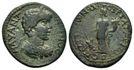 PHRYGIA.Peltae.Caracalla.(198-217).Ae.

Obv : AV K M A ANTΩNЄ.
Laureate, draped and cuirassed bust to right.

Rev : ΠЄΛTHNΩN M CTP APIΩNOC.
Tyche stan...