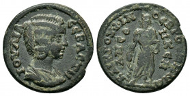 PHRYGIA.Bruzus.Julia Domna.(193-217).Ae.

Obv : IOYΛIA CЄBACTH.
Draped bust to right.

Rev : KAIK POYΦINOC BPOYZHNΩ, ANЄΘHKЄN.
Asclepius standing faci...