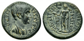 PHRYGIA.Eumenea.Nero.(54-68).Ae. 

Obv : ΝΕΡΩΝ ΣΕΒΑΣΤΟΣ.
Draped bust to right.

Rev : ΕΥΜΕΝΕΩΝ ΙΟΥΛΙΟΣ ΚΛΕΩΝ ΑΡΧΙΕΡΕΥΣ ΑΣΙΑΣ.
Apollo standing, l., wit...