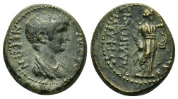 LYDIA.Blaundus.Nero.(54-68).Ae. 

Obv : ΝΕΡΩΝ ΚΑΙΣΑΡ.
Draped bust to right.

Rev : ΤΙ ΚΛΑΥ ΚΑΛΛΙΓΕΝΗΣ ΒΛΑΥΝΔΕΩΝ.
Apollo, standing to right, holding pl...