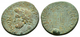 GALATIA. Tavium. Pseudo-autonomous (1st century). Ae.

Obv: TPOKMωN.
Laureate head of Zeus to left.

Rev: ΣEBAΣTHNωN.
Hexastyle temple, with pellet-in...
