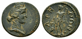 PISIDIA. Baris. Pseudo-autonomous issue.(Circa 2nd-3rd century).Ae.

Obv : Draped bust of Tyche right.

Rev : ΒΑΡΗΝΩΝ/ Dionysos standing left., holdin...