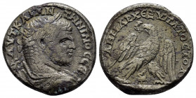 PHOENICIA, Tyre. Caracalla. (198-217). Tetradrachm.

Obv : ΑΥΤ ΚAI ΑΝTΩNINOC CƐ.
Laureate, draped, and cuirassed bust right, seen from rear.

Rev : ΔΗ...