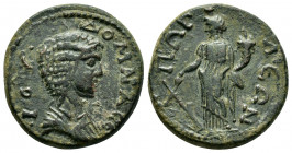 PISIDIA, Pogla. Julia Domna. (193-217). Ae.

Obv : IOY ΔOMNA Cε. 
Draped bust of Domna, right.

Rev : ΠΩΓΛεΩΝ.
Tyche standing left, holding rudder and...