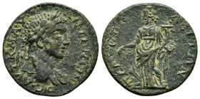 PISIDIA.Palaeopolis.Elagabalus.(218-222). Ae.

Obv : ΑΥΤ Κ Μ ΑΥ ΑΝΤΩΝƐΙΝΟϹ.
Laureate head of Elagabalus slight drapery on shoulder.

Rev : ΠΑΛƐΟΠΟΛƐΙΤ...
