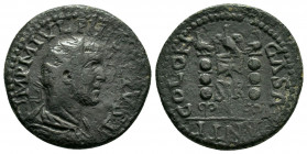 PISIDIA, Antioch. Philip I (244-249). Ae.

Obv : IMP M IVL PHILIPPVS AV.
Radiate, draped and cuirassed bust, right.

Rev : COLON CASAR ANTI, S R.
Vexi...