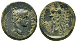 PHRYGIA, Hierapolis. Augustus.(27 BC-AD 14). Ae.

Obv : ΣΕΒΑΣΤΟΣ.
Bare head of Augustus, right.

Rev : ΜΑΤΡΩΝ ΑΠΟΛΛΩΝΙΟΥ ΙΕΡΑΠΟΛΕΙΤΩΝ.
Double axe on b...