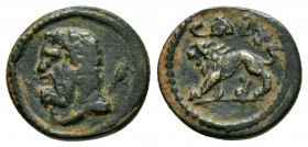 LYDIA, Saitta. Pseudo-autonomous. (3rd century AD). Ae.

Obv : Head of Heracles with club over his shoulder, left.

Rev : ϹAIT.
Lion walking left.
SNG...
