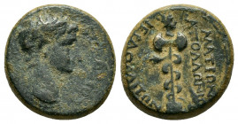 PHRYGIA, Hierapolis. Augustus. (27-14 BC) Ae.
Obv : ΣΕΒΑΣΤΟΣ.
Laureate head of Augustus, right.

Rev : ΜΑΤΡΩΝ ΑΠΟΛΛΩΝΙΟΥ ΙΕΡΑΠΟΛΕΙΤΩΝ.
Double axe on b...