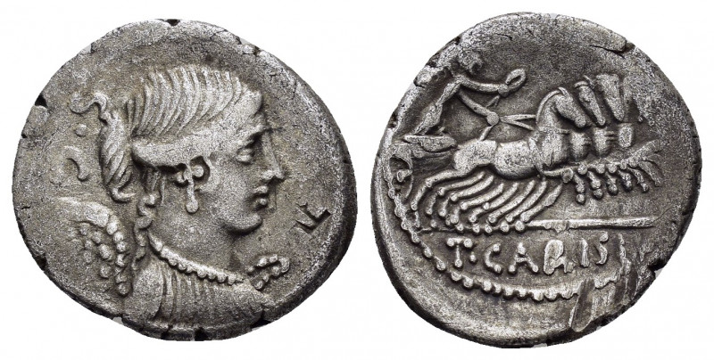T. CARISIUS.(46 BC).Rome.Denarius.

Obv : S C.
Diademed and winged bust of Victo...