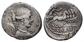 T. CARISIUS.(46 BC).Rome.Denarius.

Obv : S C.
Diademed and winged bust of Victory right, wearing earring and necklace; jewelled hair pulled into knot...