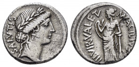 MAN. ACILIUS GLABRIO.(49 BC).Rome.Denarius.

Obv : SALVTIS.
Laureate head of Salus right.

Rev : MN ACILIVS / III VIR VALETV.
Valetudo standing left, ...