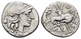 SEX. POMPEIUS FOSTLUS.(137 BC).Rome.Denarius

Obv : Helmeted head of Roma to right; jug behind; X (mark of value) below chin.

Rev : SEX•PO FOSTLVS.
 ...